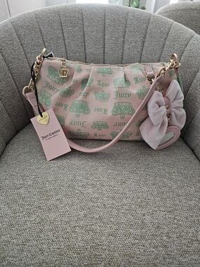 Juicy Couture Pink and Green Logo Shoulder Bag with Bow Charm